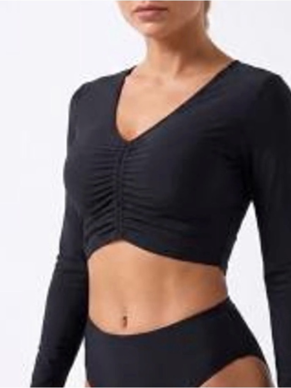 Women's Black Ruched V-Neck Long-Sleeve Bikini Top